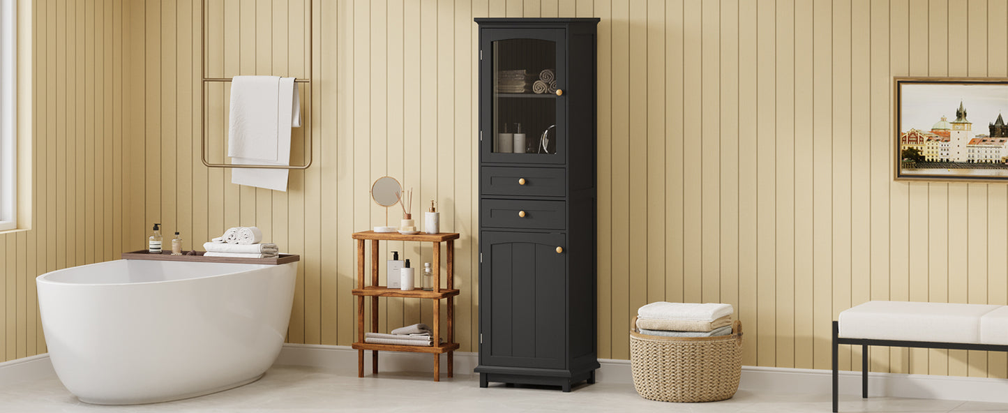 63" Tall Bathroom Storage Cabinet with Glass Doors, Free-Standing, Two Drawers, and Adjustable Shelves, MDF Board, Painted Black