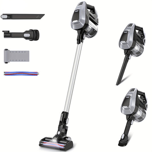 M500 Gray Cordless Vacuum Cleaner with detachable parts including motor, brushes, and crevice tools for versatile home cleaning.
