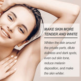 Woman with smooth skin and text about skincare benefits