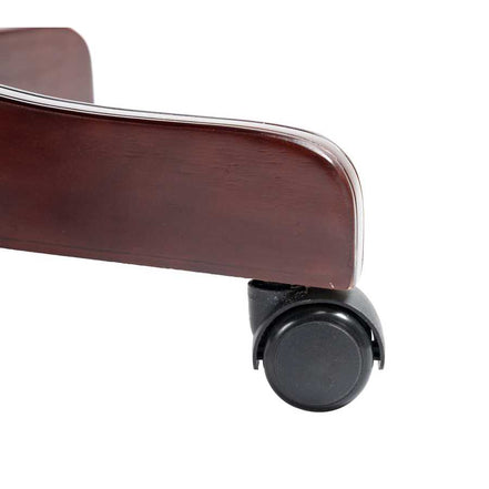 Close-up of a brown office chair armrest with a black wheel on a white background