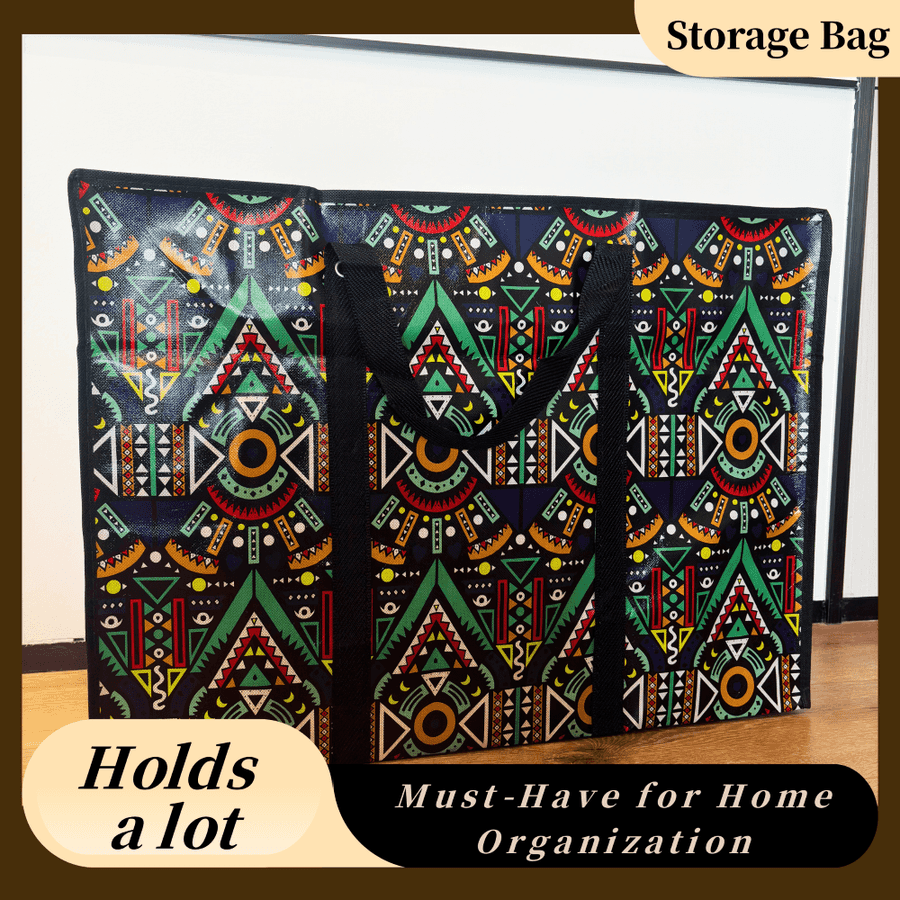 Storage bag with geometric pattern on a wooden surface