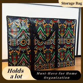 Storage bag with geometric pattern on a wooden surface