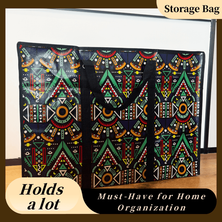 Storage bag with geometric pattern on a wooden surface