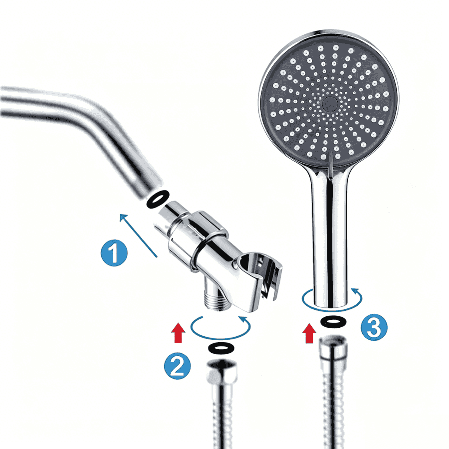 Shower head and parts with assembly instructions on a white background