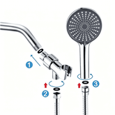 Shower head and parts with assembly instructions on a white background