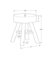 Black and white line drawing of a three-legged stool with dimension annotations including seat diameter, height, leg measurements, and footrest spacing.