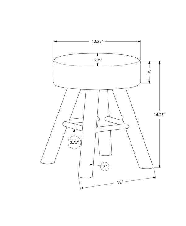 Black and white line drawing of a three-legged stool with dimension annotations including seat diameter, height, leg measurements, and footrest spacing.