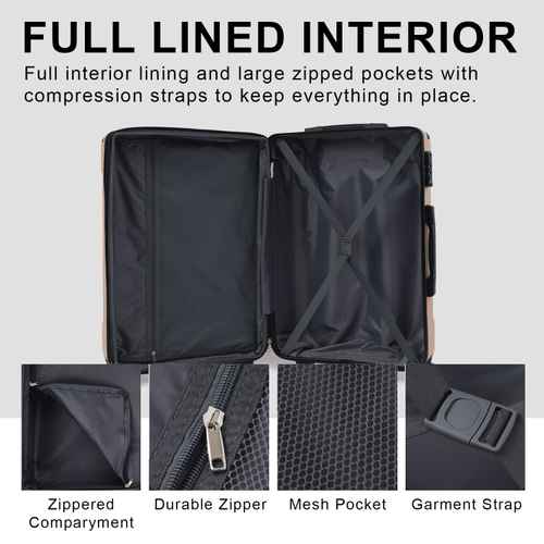 Black suitcase with open compartments showing interior features on a light gray background.