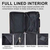 Black suitcase with open compartments showing interior features on a light gray background.