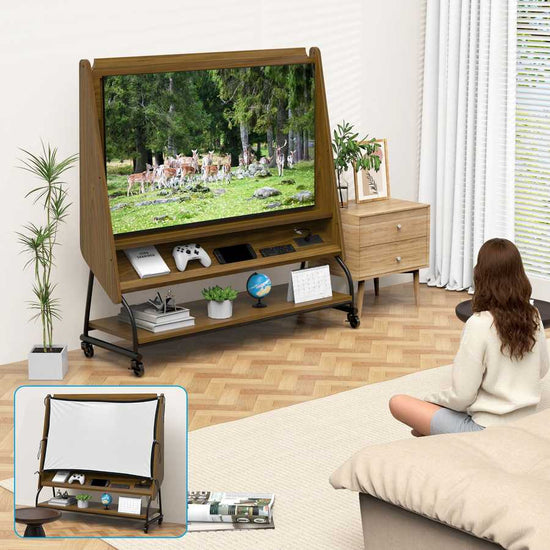 Adjustable Mobile TV Stand with Mount - Adjustable Cart in living room setup with projector screen and storage shelves for gaming and decor.