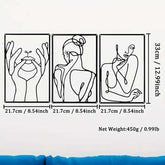 3-piece abstract metal wall art with size dimensions, showcasing elegant line art designs for versatile indoor and outdoor wall decor.