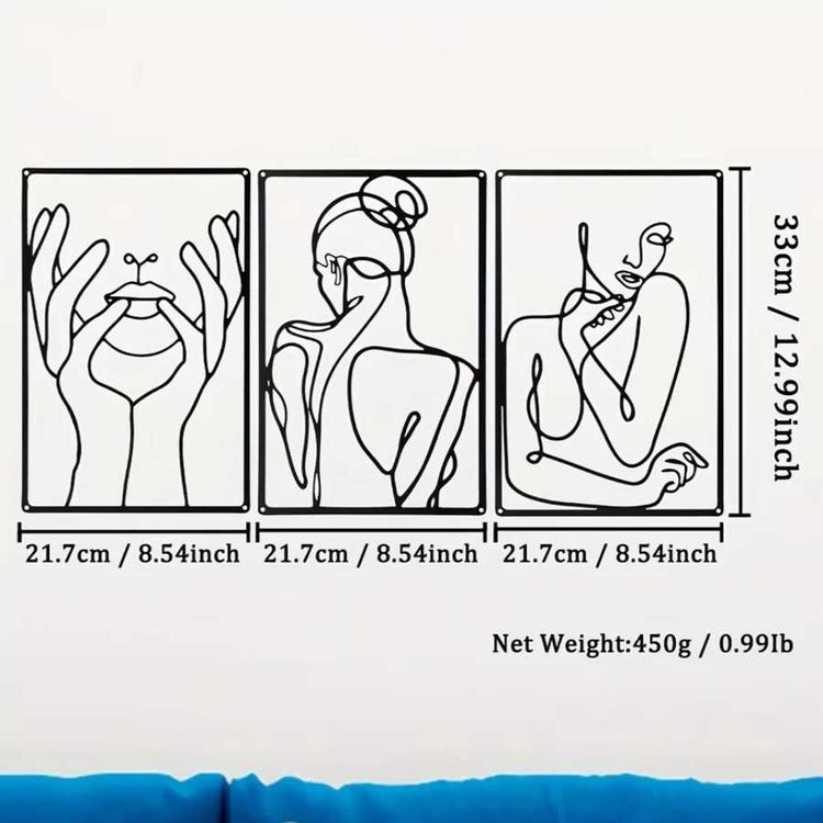 3-piece abstract metal wall art with size dimensions, showcasing elegant line art designs for versatile indoor and outdoor wall decor.