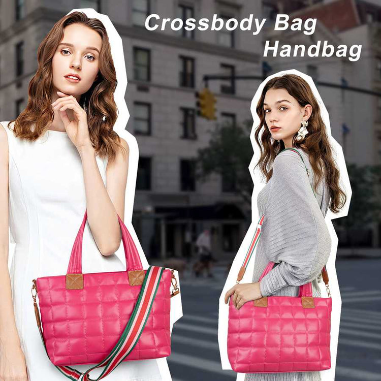Two women holding pink crossbody bags with a city street background