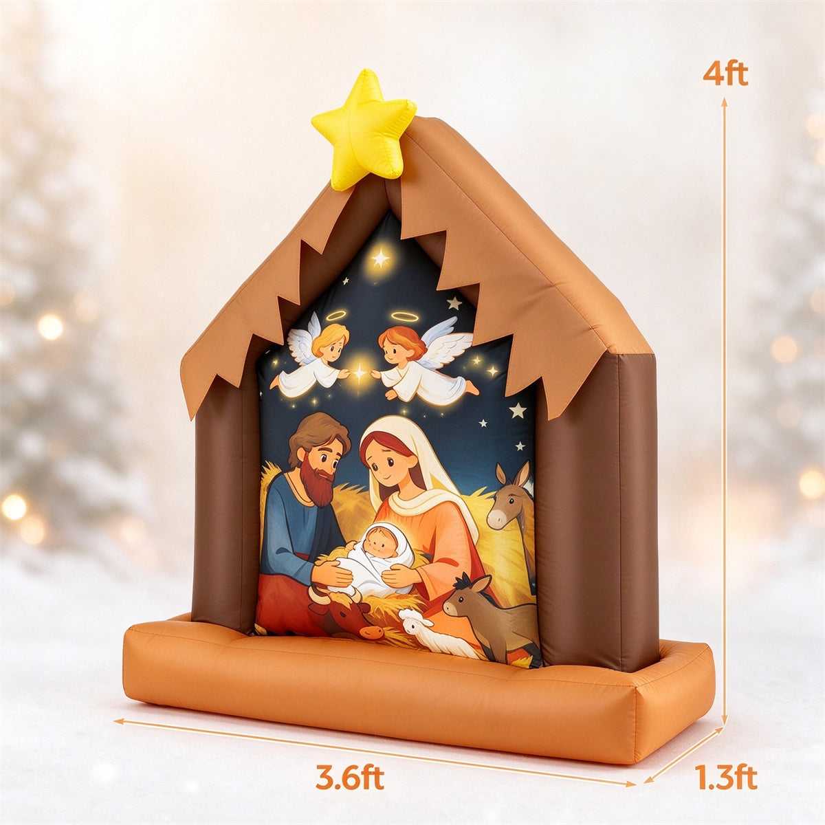 Inflatable nativity scene dimensions: 4 ft tall, 3.6 ft wide, 1.3 ft deep