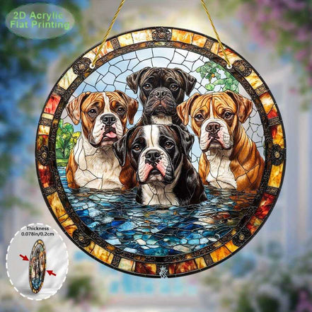 Boxer Dog Wall Art in stained glass style featuring five boxer dogs in a round acrylic panel, ideal for home decor and dog lovers.