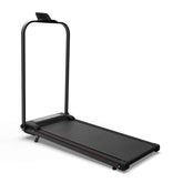 Side view of the foldable treadmill with sleek black frame, compact design, and sturdy base for home use