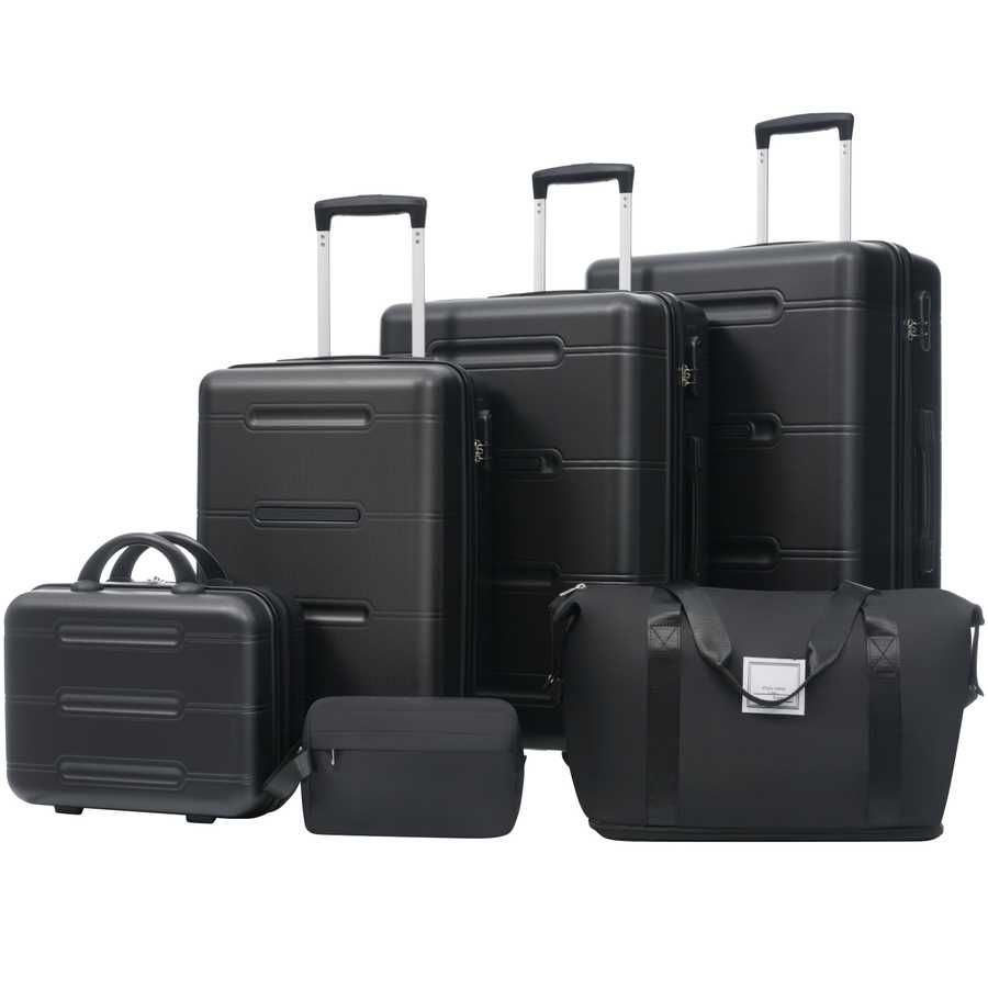 Set of black suitcases and travel bags on a white background