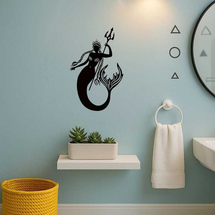 Mermaid and Sea King Iron Relief Art above towel ring and shelf with succulents, adding nautical charm to bathroom decor.
