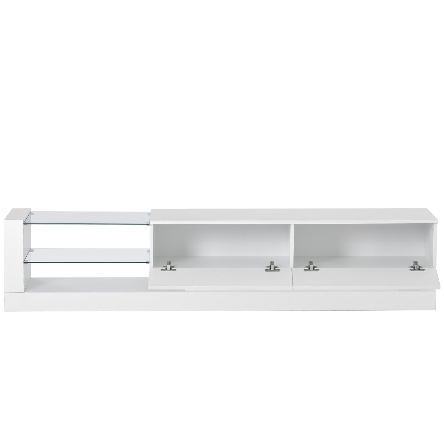 a white entertainment center with two glass shelves