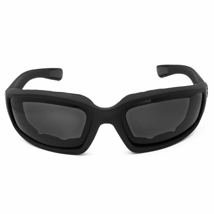 Black sunglasses with dark lenses on a white background