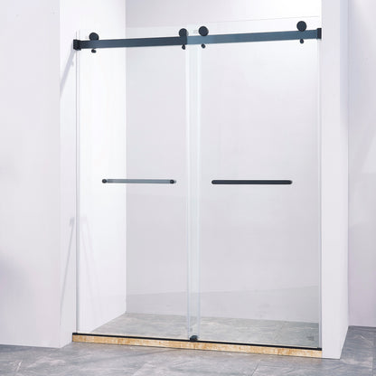 56-60"W x 75"H Frameless Double Sliding Shower Door, 304 Stainless Steel in Matte Black, 5/16" (8mm) Thick SGCC Tempered Clear Glass. MLNshops]