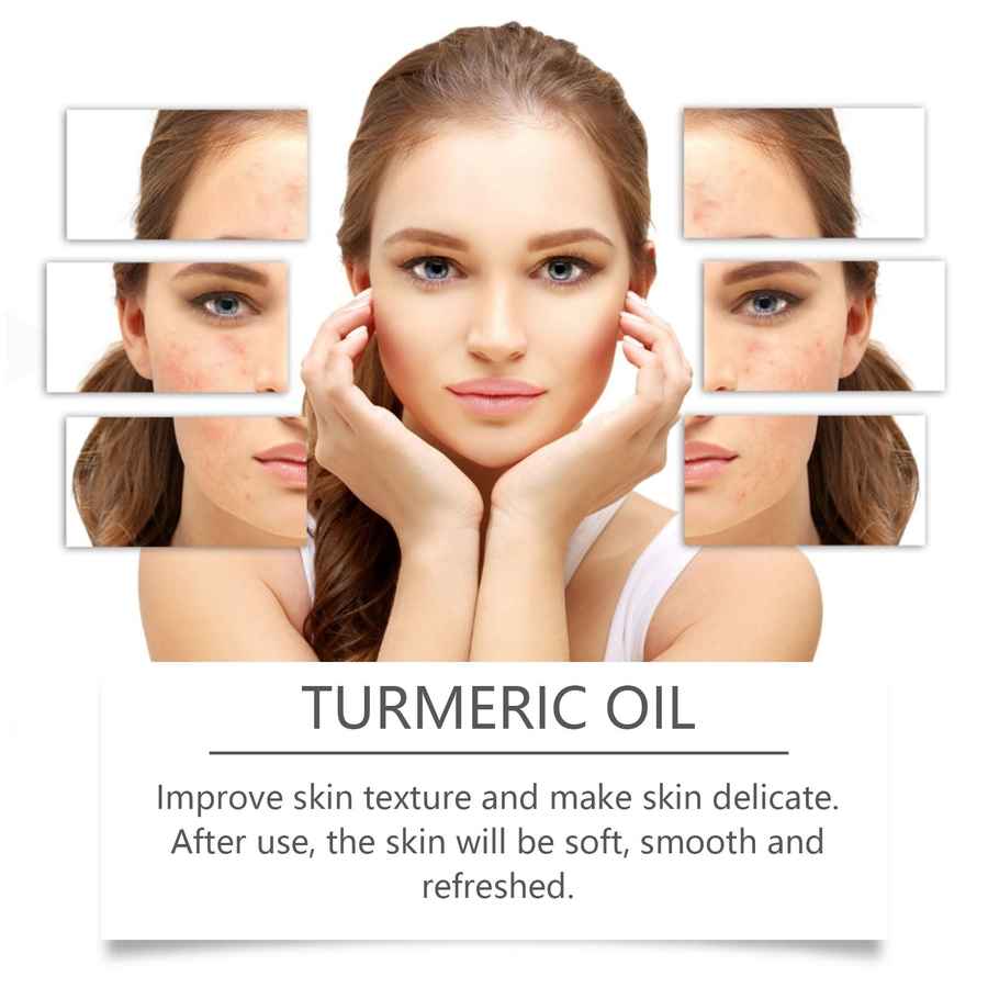 Woman with a close-up of her face showing the effects of turmeric oil on skin texture.