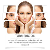 Woman with a close-up of her face showing the effects of turmeric oil on skin texture.