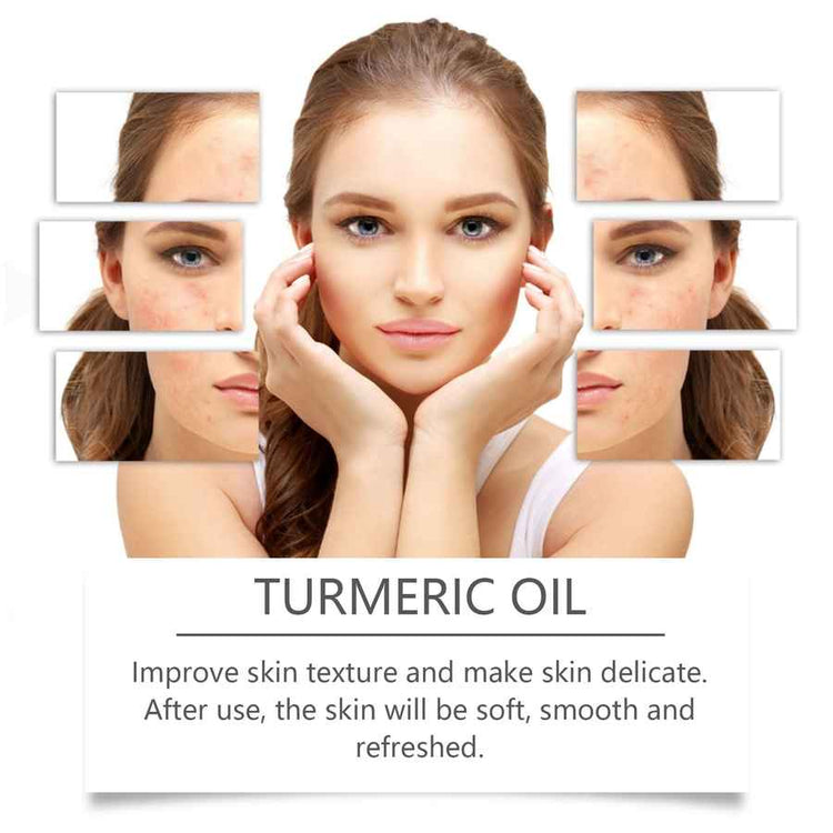 Woman with a close-up of her face showing the effects of turmeric oil on skin texture.