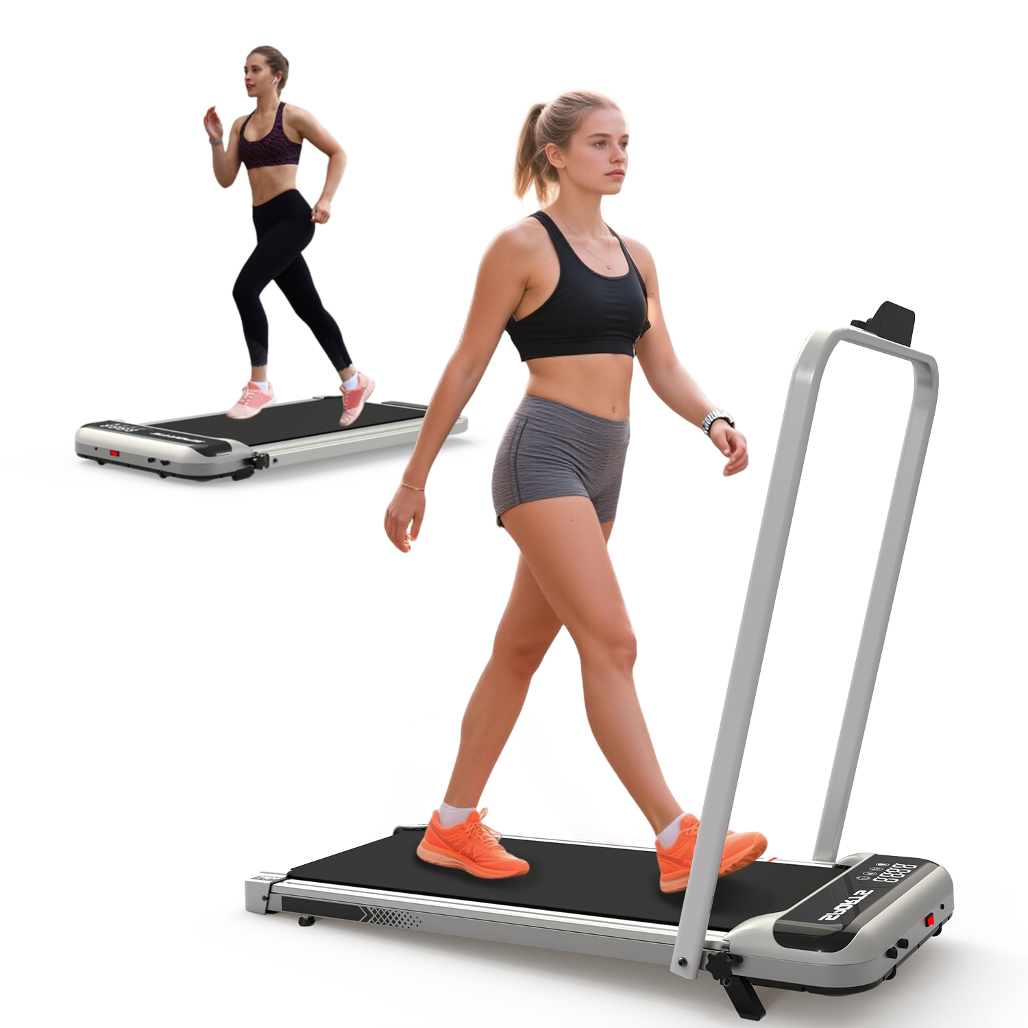 Woman using a portable treadmill on a white background