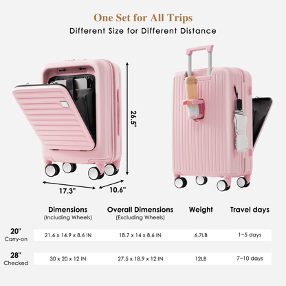 4-Piece Luggage Set with USB Charging Ports - 20in Carry-On (Front-Opening for Laptop) 28in Checked Suitcase with TSA Lock Travel Duffel Bag Wet-Dry Toiletry Bag, pink