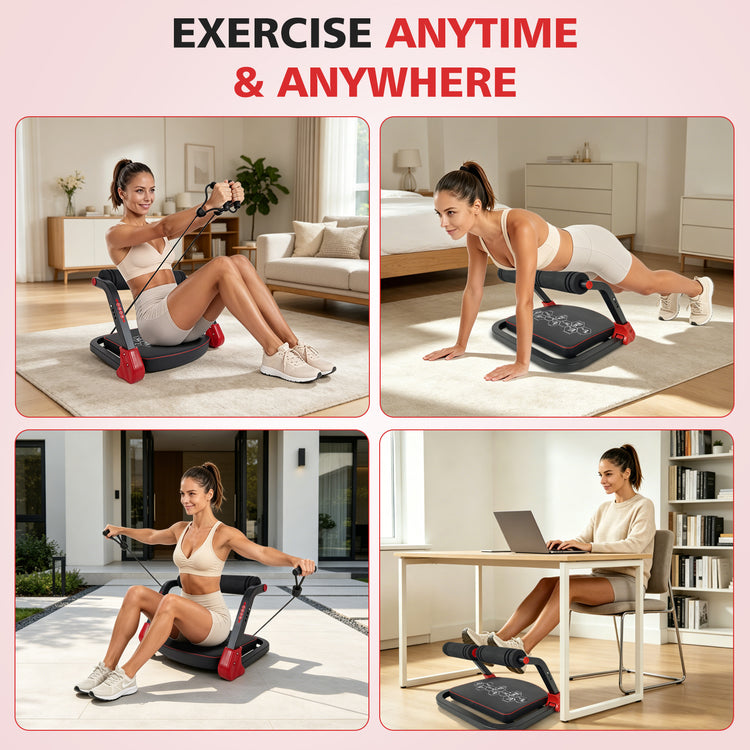 Woman using a home exercise device in various settings with text &
