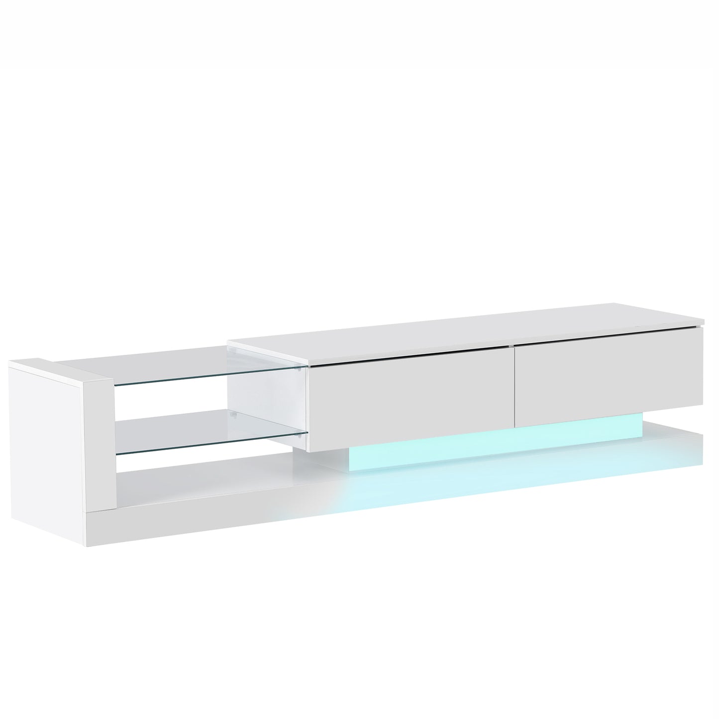 a white entertainment center with a blue light under it