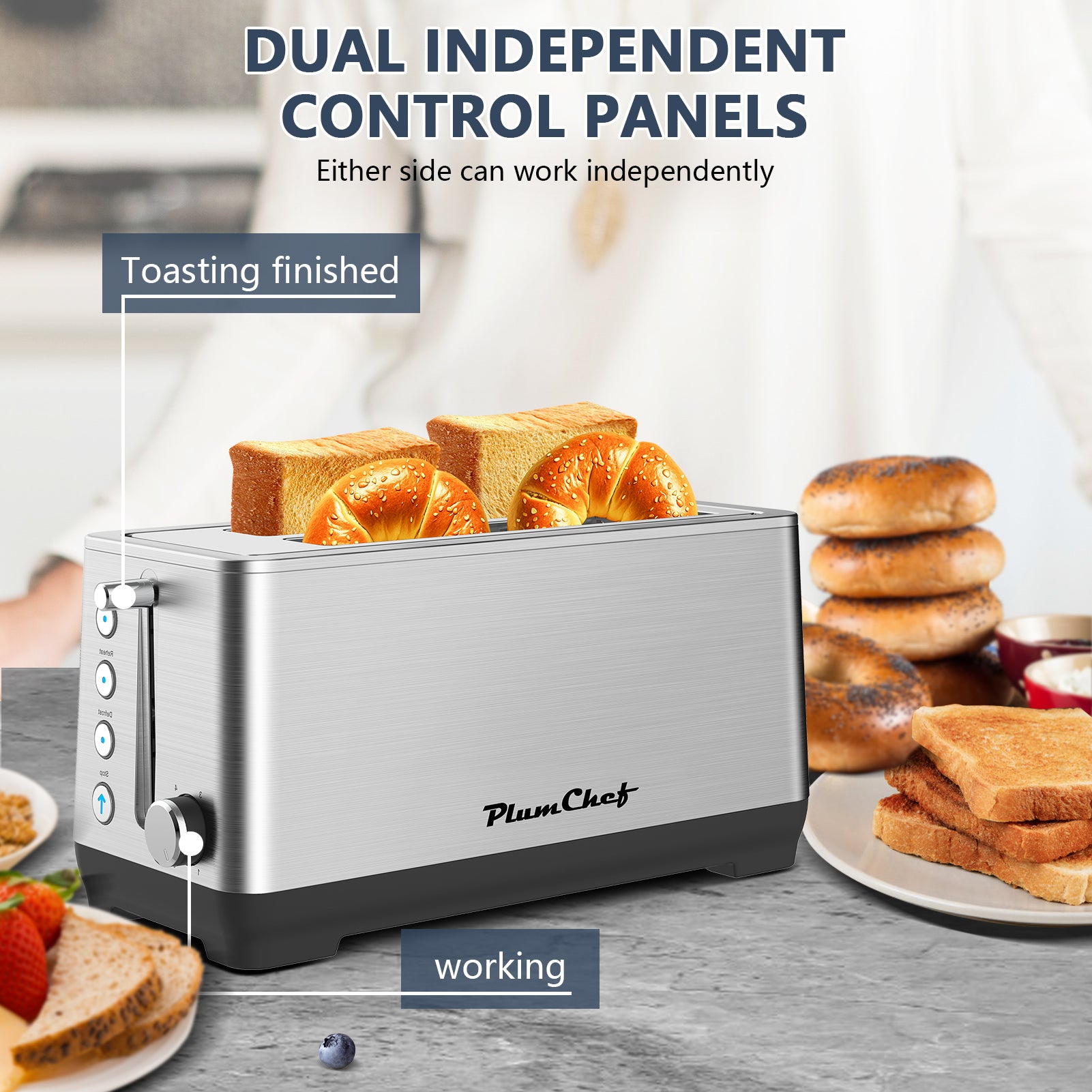 4-Slice Toaster Stainless Steel with dual independent control panels, allowing separate toasting on each side for convenience.