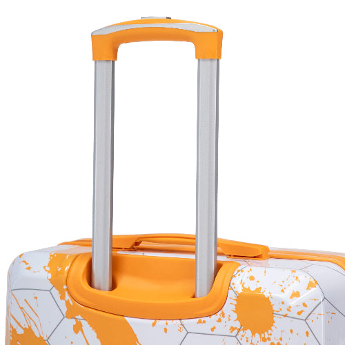 Close-up of a suitcase handle with orange accents on a white background