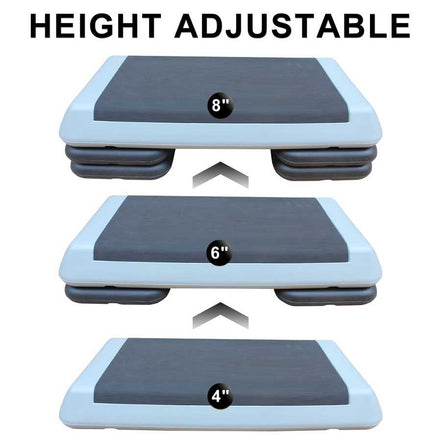 Height adjustable aerobic stepper platform with 4, 6, and 8-inch settings for varied fitness levels and exercise routines.