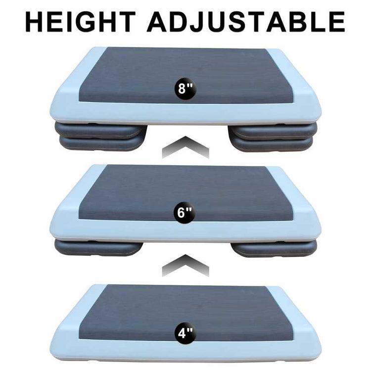 Height adjustable aerobic stepper platform with 4, 6, and 8-inch settings for varied fitness levels and exercise routines.