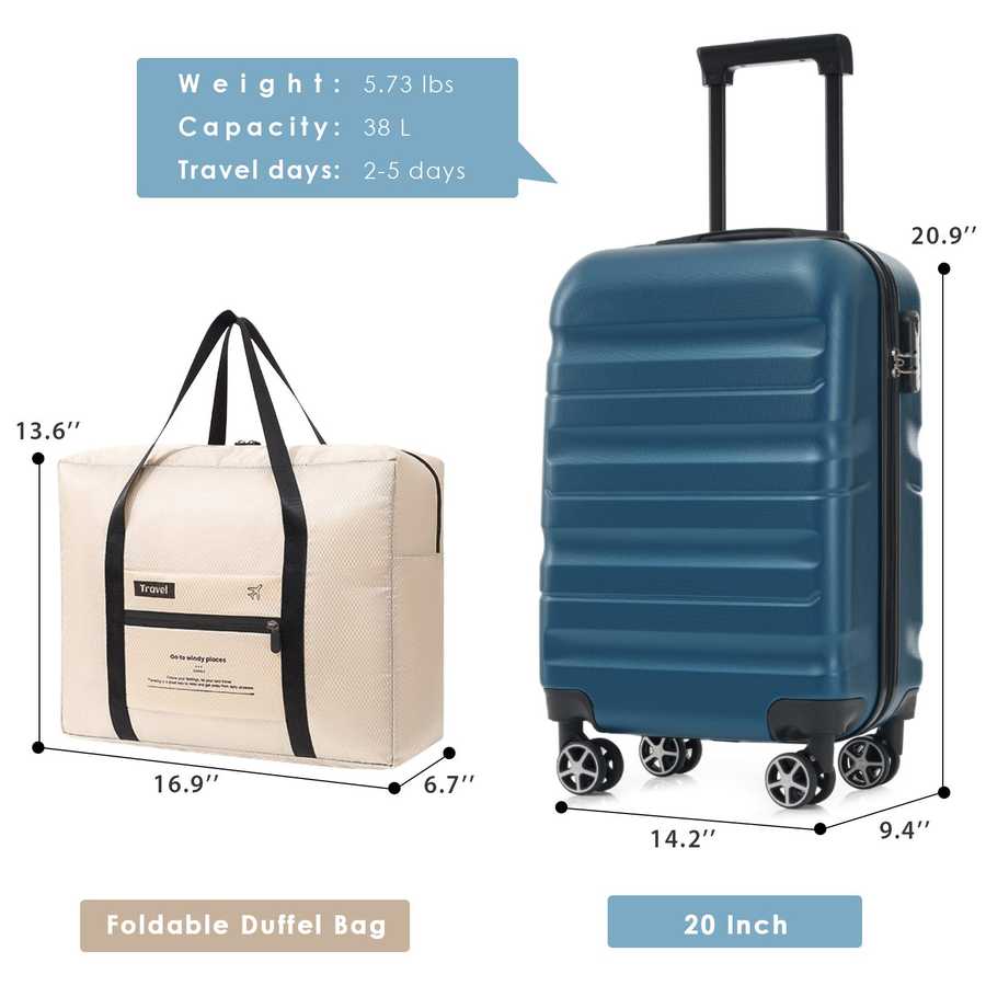 Hardshell ABS Carry-On Luggage with Spinner Wheels, Lightweight Travel Suitcase Set with Foldable Duffel Bag for Men & Women, 20Inch