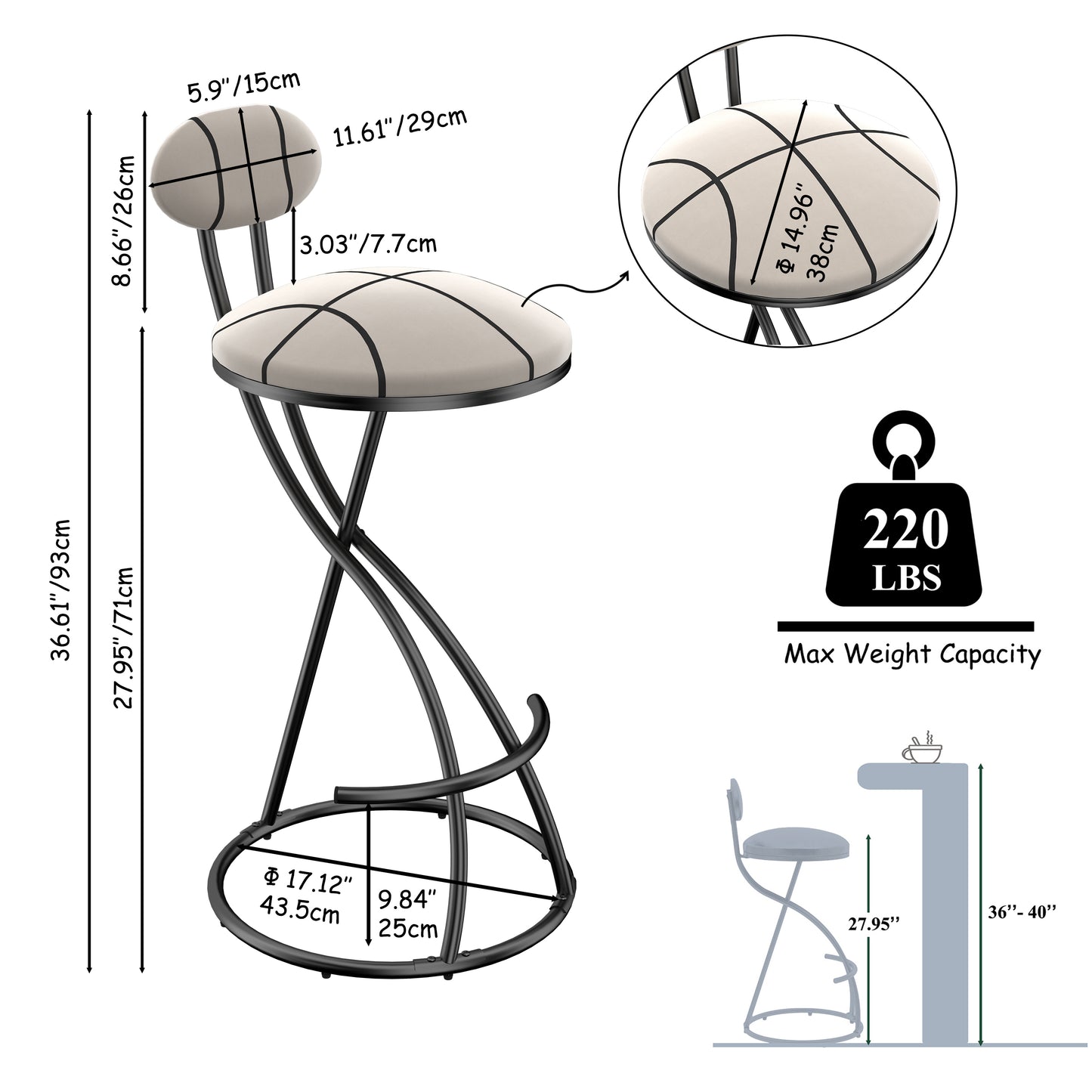 Upholstered Bar Stools Set of 2 Striped Counter Height Barstools Modern Velvet Dining Chairs for Kitchen Island, Living Room (Black & Stripe)
