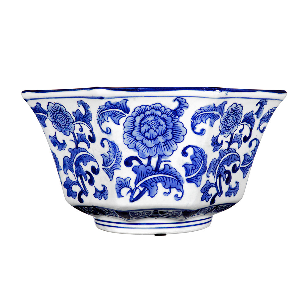 Blue and White Decorative Bowl - Porcelain, Elegant Design with intricate floral motifs on the exterior, ideal for classic home decor.