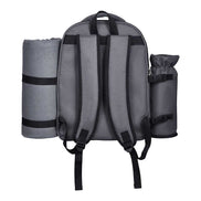 Back view of grey picnic backpack with insulated cooler, food storage
