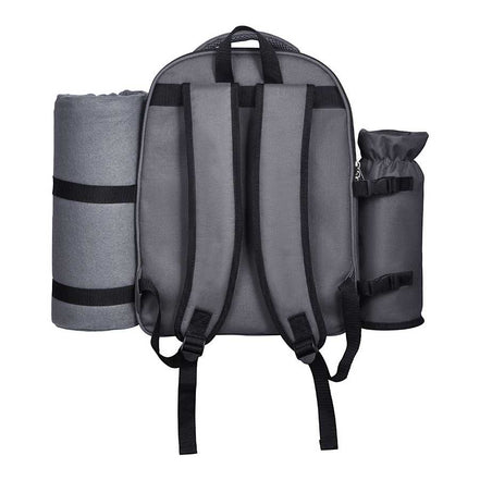 Back view of grey picnic backpack with insulated cooler, food storage