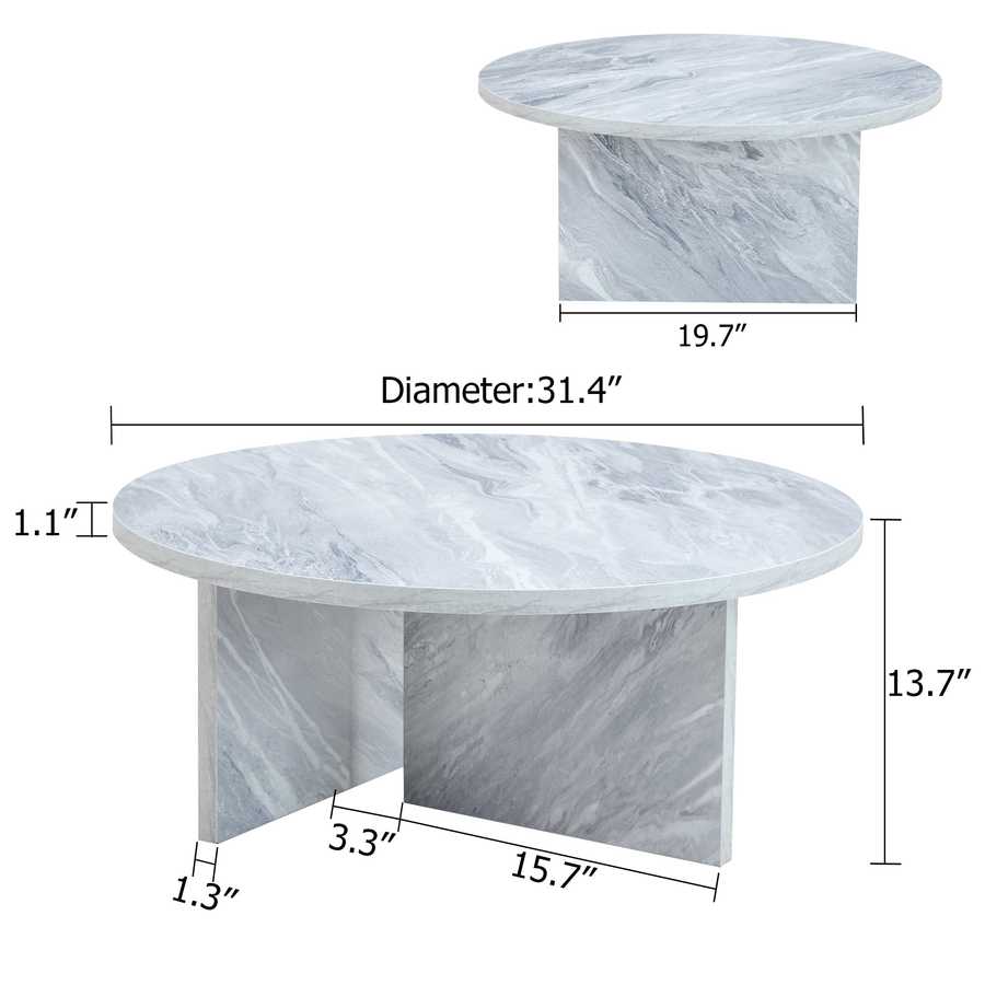 Dimensions of MDF white round coffee table with Nordic flair, highlighting its 31.4-inch diameter and 13.7-inch height.