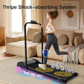 Black portable under desk treadmill with LED display, remote control, and purple LED accents, ideal for home office use