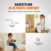 Hair styling device with adjustable height and 360-degree rotation, used by a person indoors.