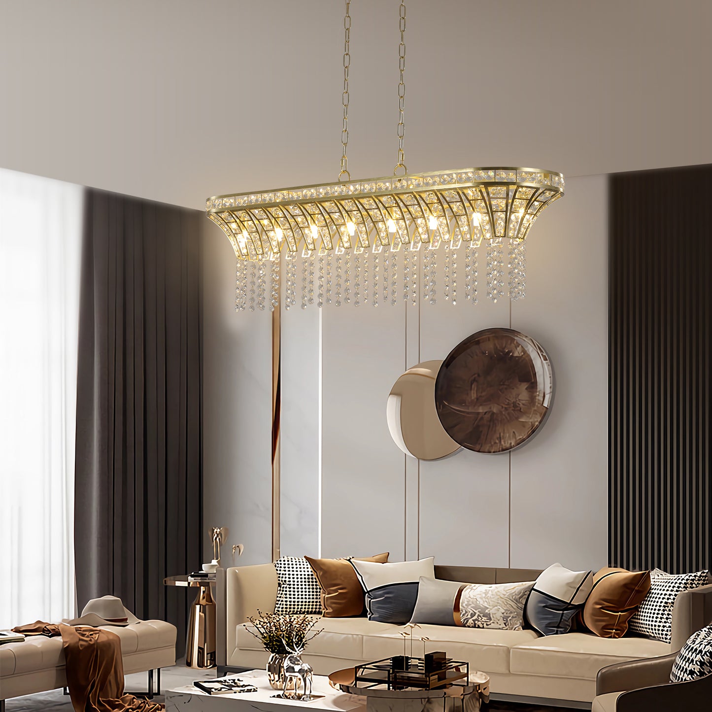 a living room filled with furniture and a chandelier