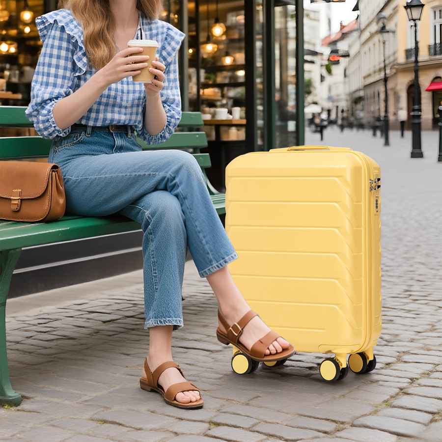 Woman sitting on park bench with coffee, pulling yellow ABS spinner luggage set with 14-inch carry-on and cosmetic case on cobblestone street