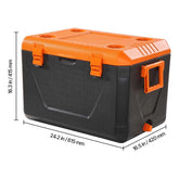 Black and orange storage box with dimensions on a white background
