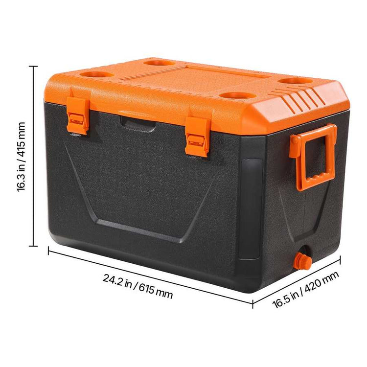 Black and orange storage box with dimensions on a white background