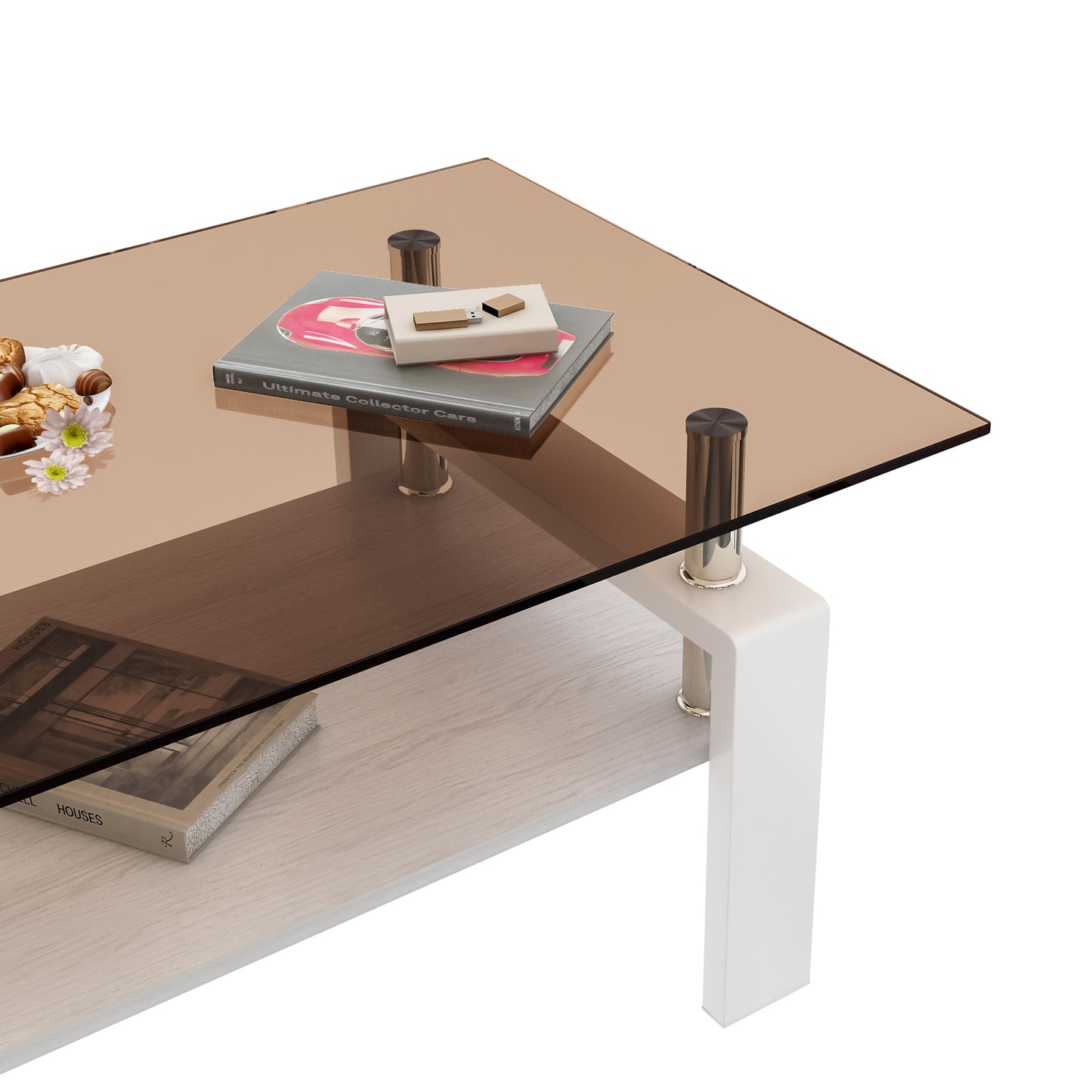 Modern Rectangular Coffee Table with Tempered Brown Glass Top and MDF Layer – Table for Living Room