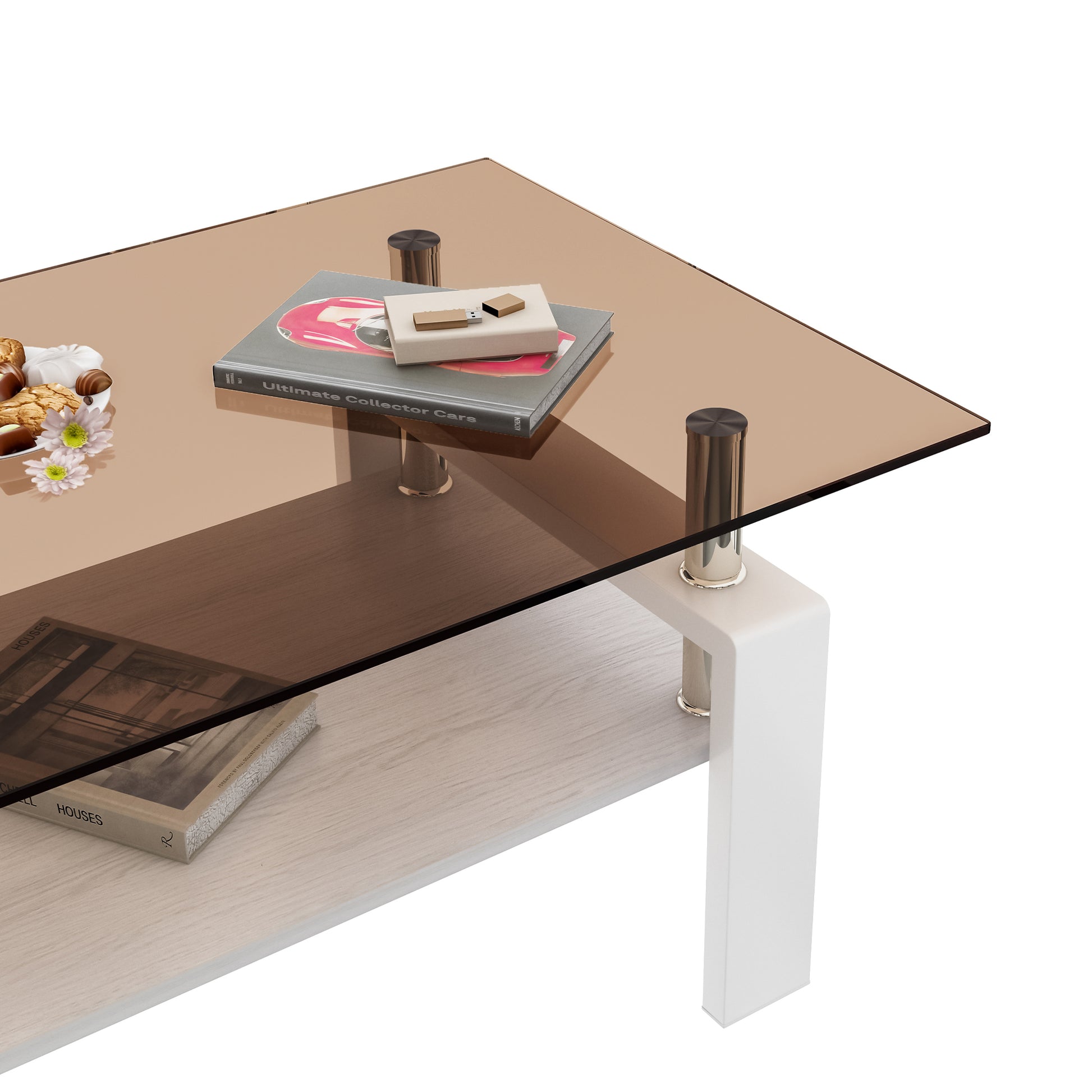 Modern Rectangular Coffee Table with Tempered Brown Glass Top and MDF Layer – Table for Living Room